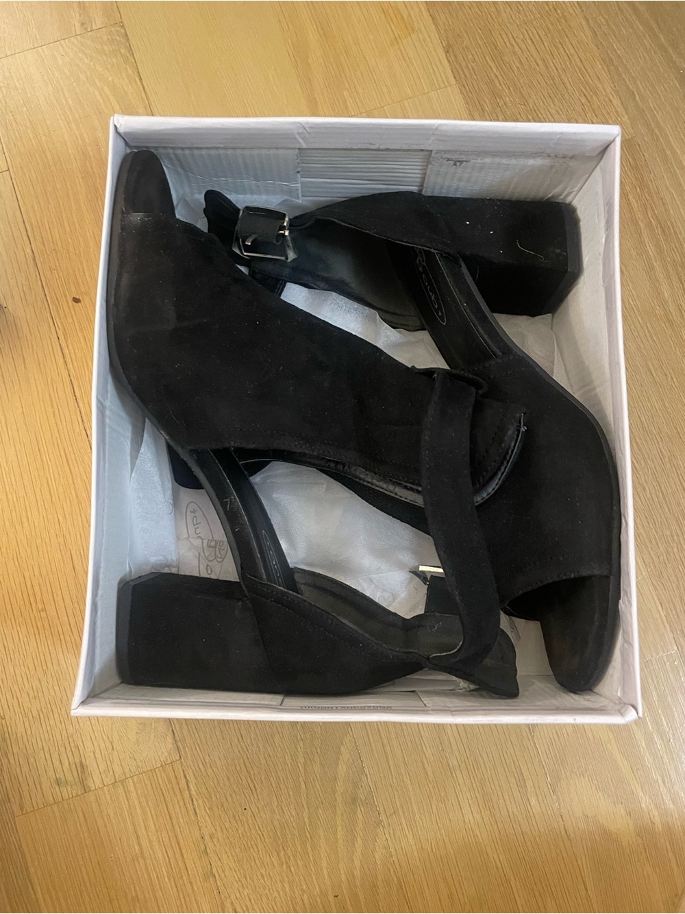 Krush Black Suede Peep-Toe Block Heel Sandals with Ankle Strap
